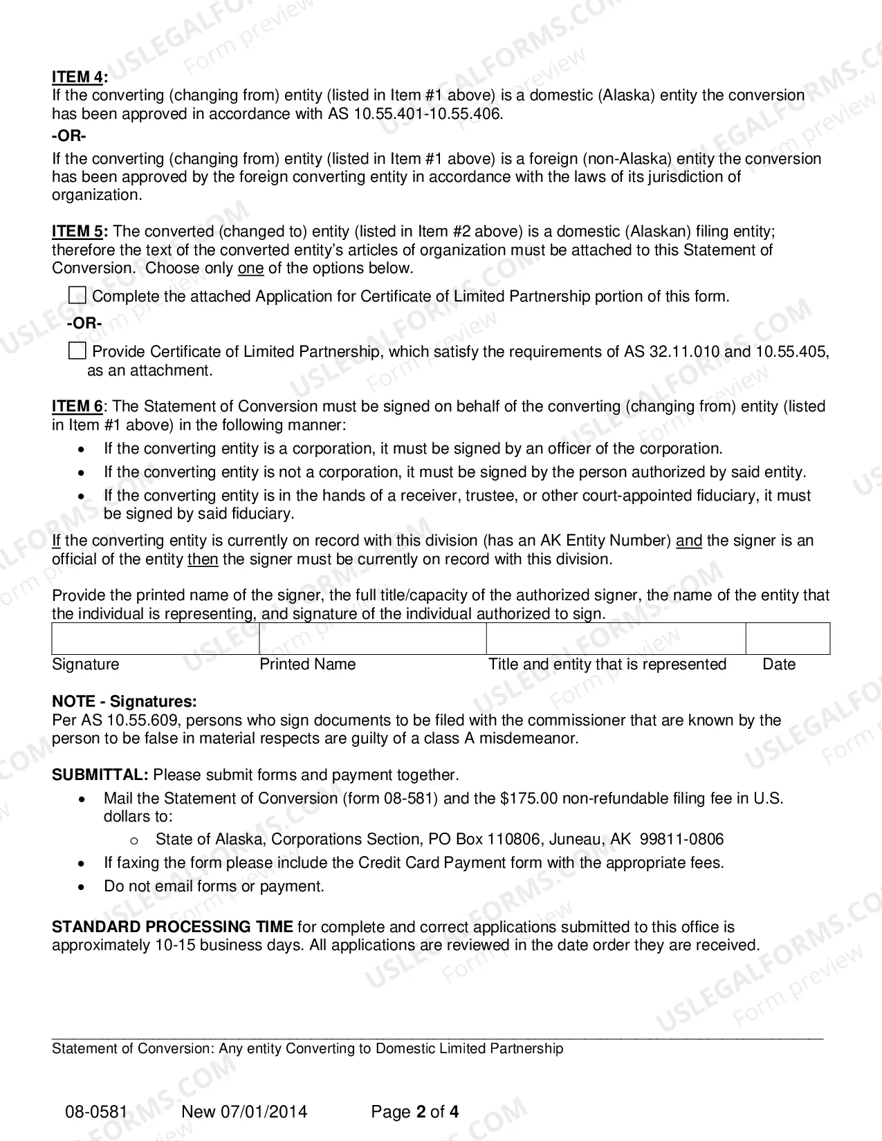 Preview Statement of Conversion - Any Entity Converting to Domestic Limited Parternship