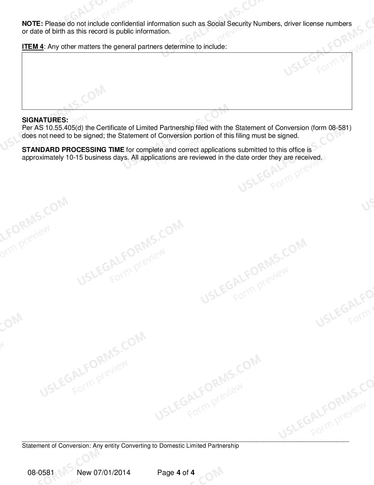 Preview Statement of Conversion - Any Entity Converting to Domestic Limited Parternship