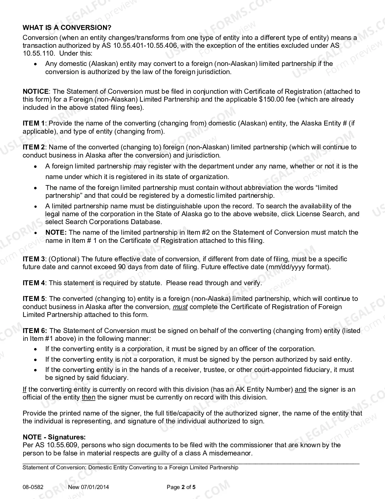 Preview Statement of Conversion - Domestic Limited Partnership Converting to Foreign Limited Partnership
