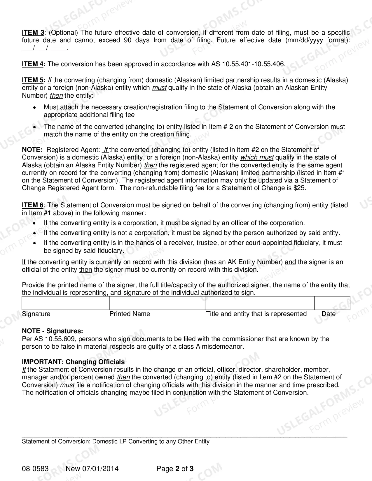 Preview Statement of Conversion - Domestic Limited Partnership Converting to any Other Entity