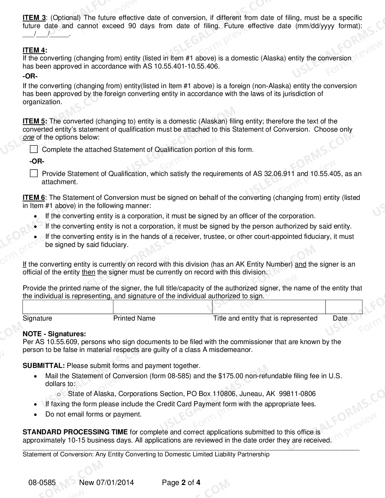 Preview Statement of Conversion - Any Entity Converting to Domestic Limited Liability Partnership
