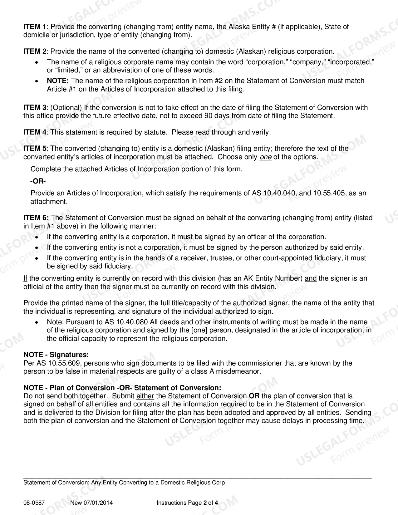 Preview Statement of Conversion - Any Entity Converting to Domestic Religious Corporation