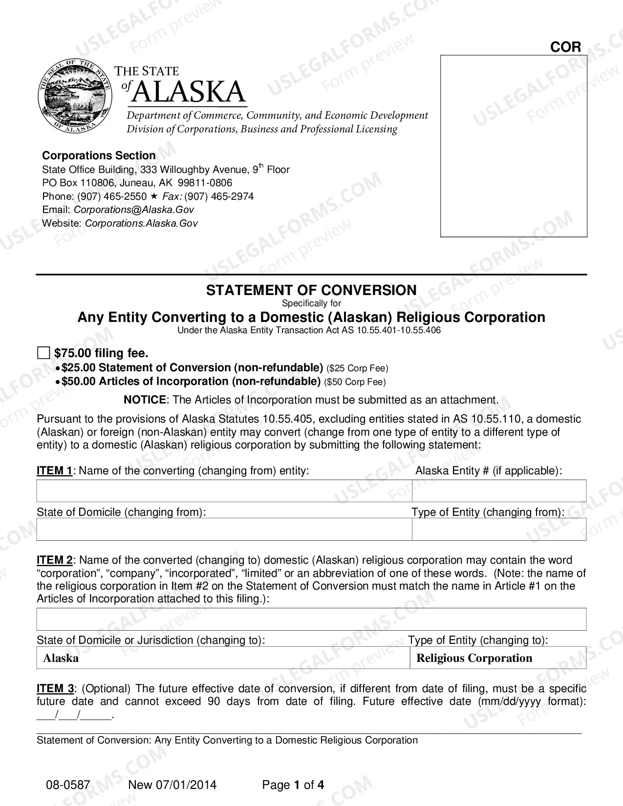 Preview Statement of Conversion - Any Entity Converting to Domestic Religious Corporation