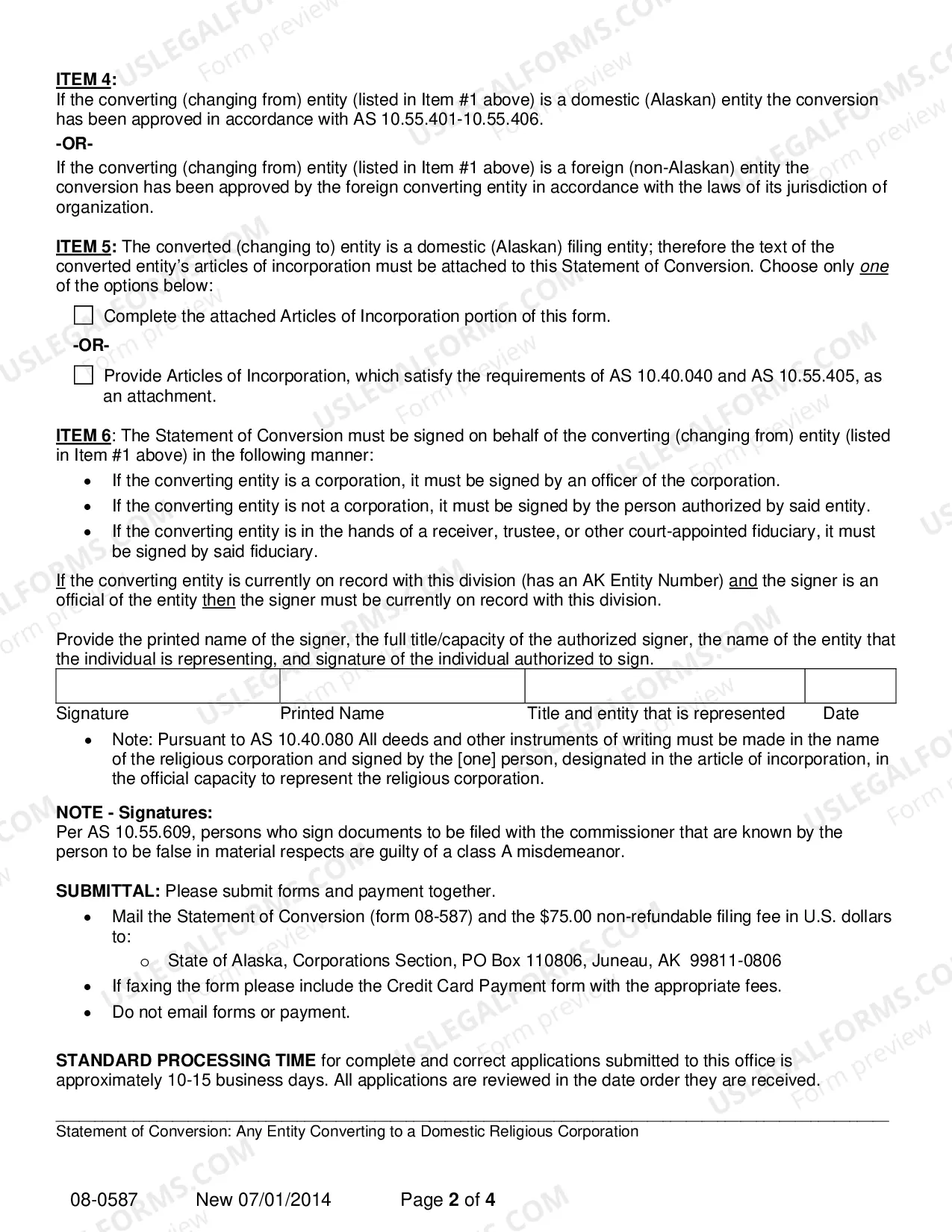 Preview Statement of Conversion - Any Entity Converting to Domestic Religious Corporation
