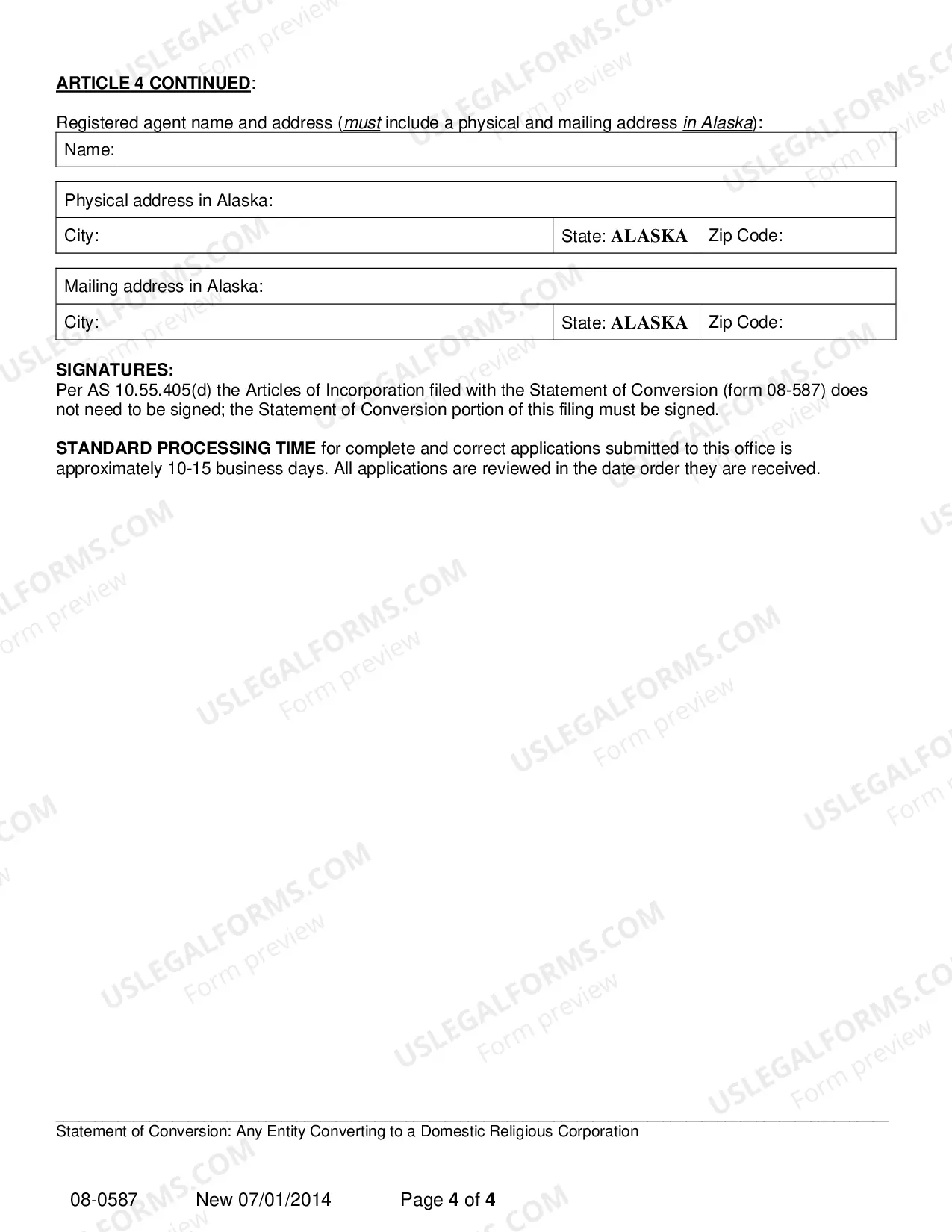 Preview Statement of Conversion - Any Entity Converting to Domestic Religious Corporation