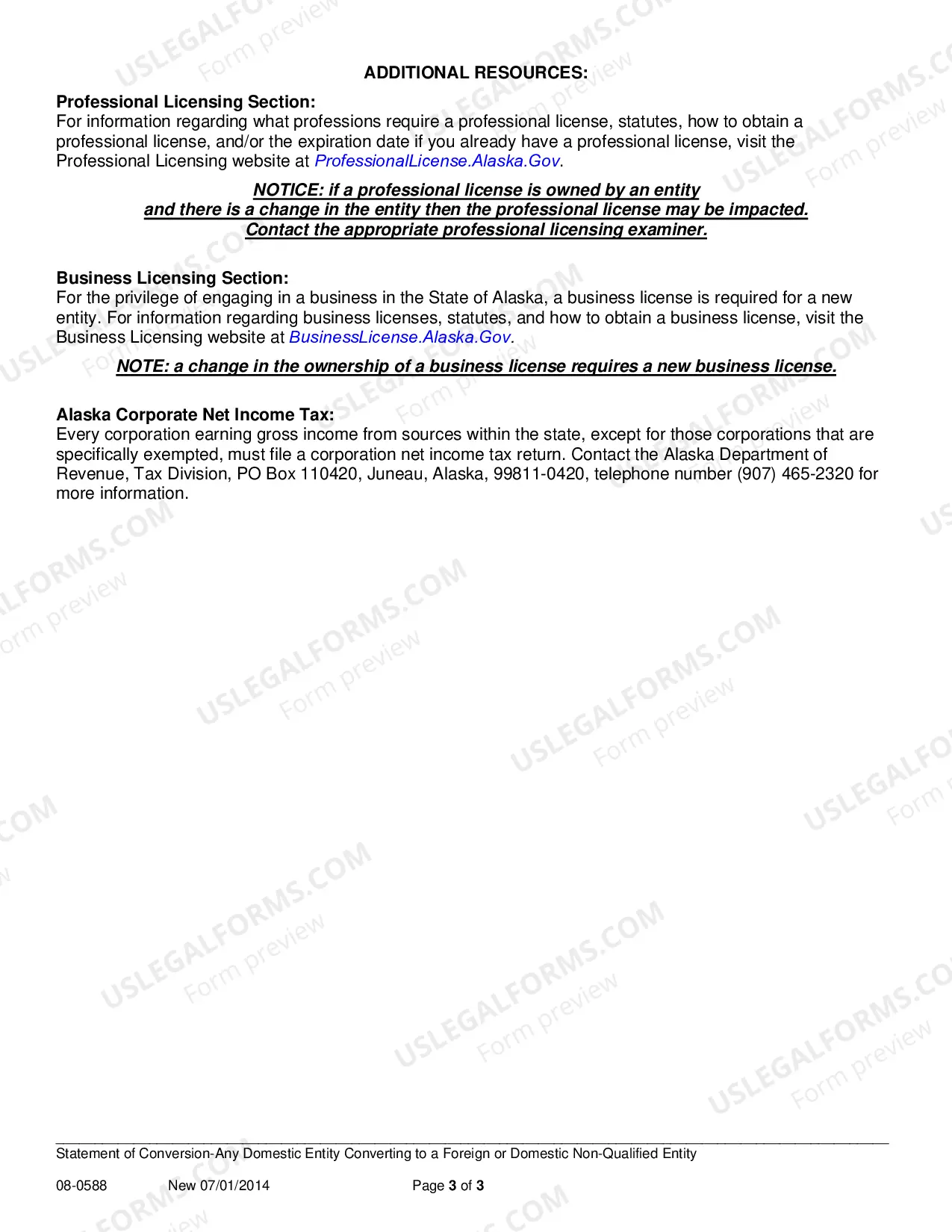 Preview Statement of Conversion - Domestic Entity Converting to Foreign or Domestic Non Qualified Entity