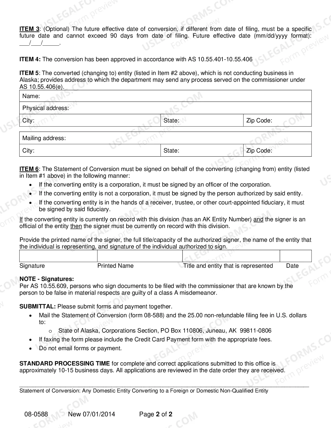 Preview Statement of Conversion - Domestic Entity Converting to Foreign or Domestic Non Qualified Entity
