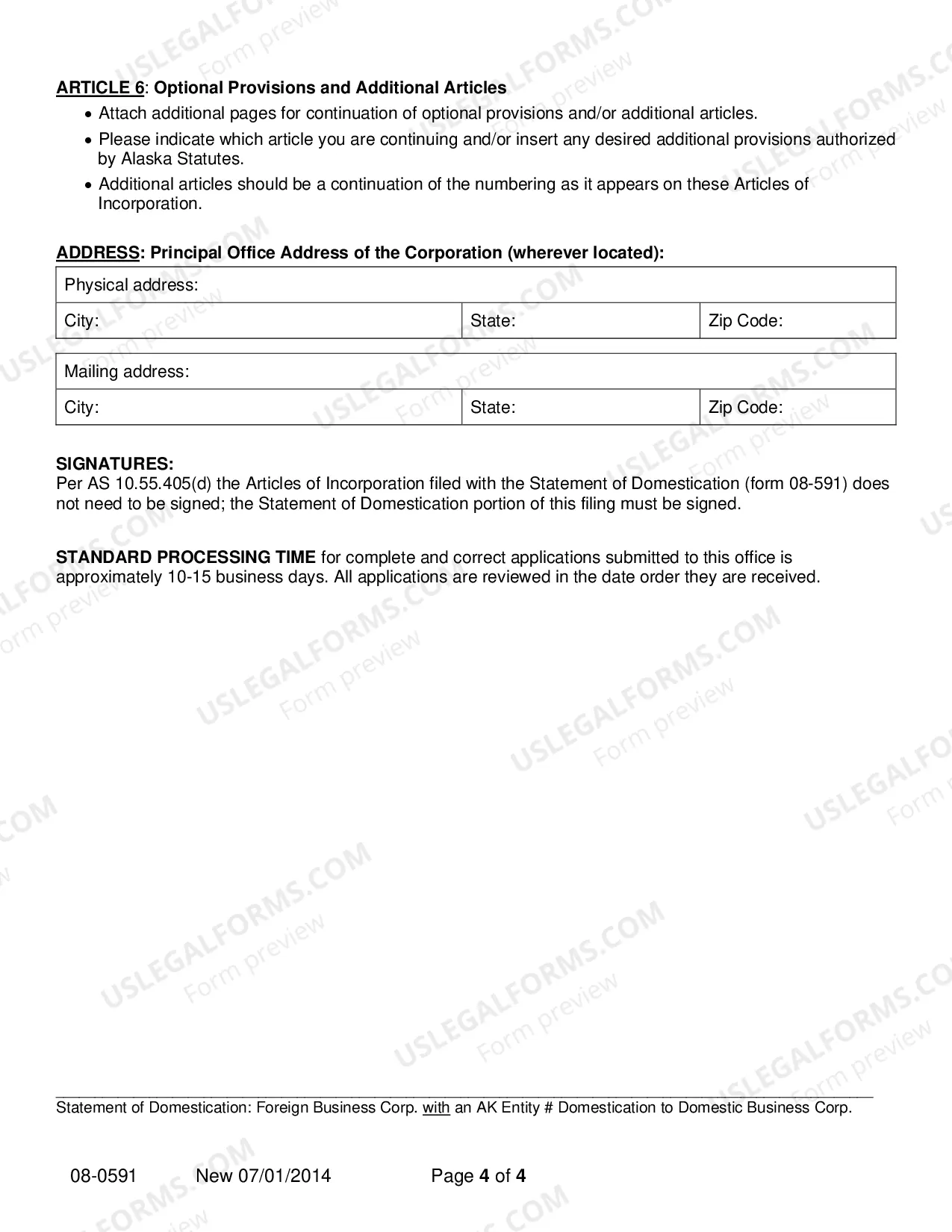 Preview Statement of Domestication - Foreign Corporation with AK Entity Number Domesticating to Domestic Business Corporation