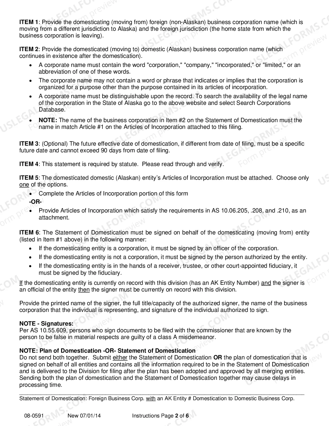 Preview Statement of Domestication - Foreign Corporation with AK Entity Number Domesticating to Domestic Business Corporation