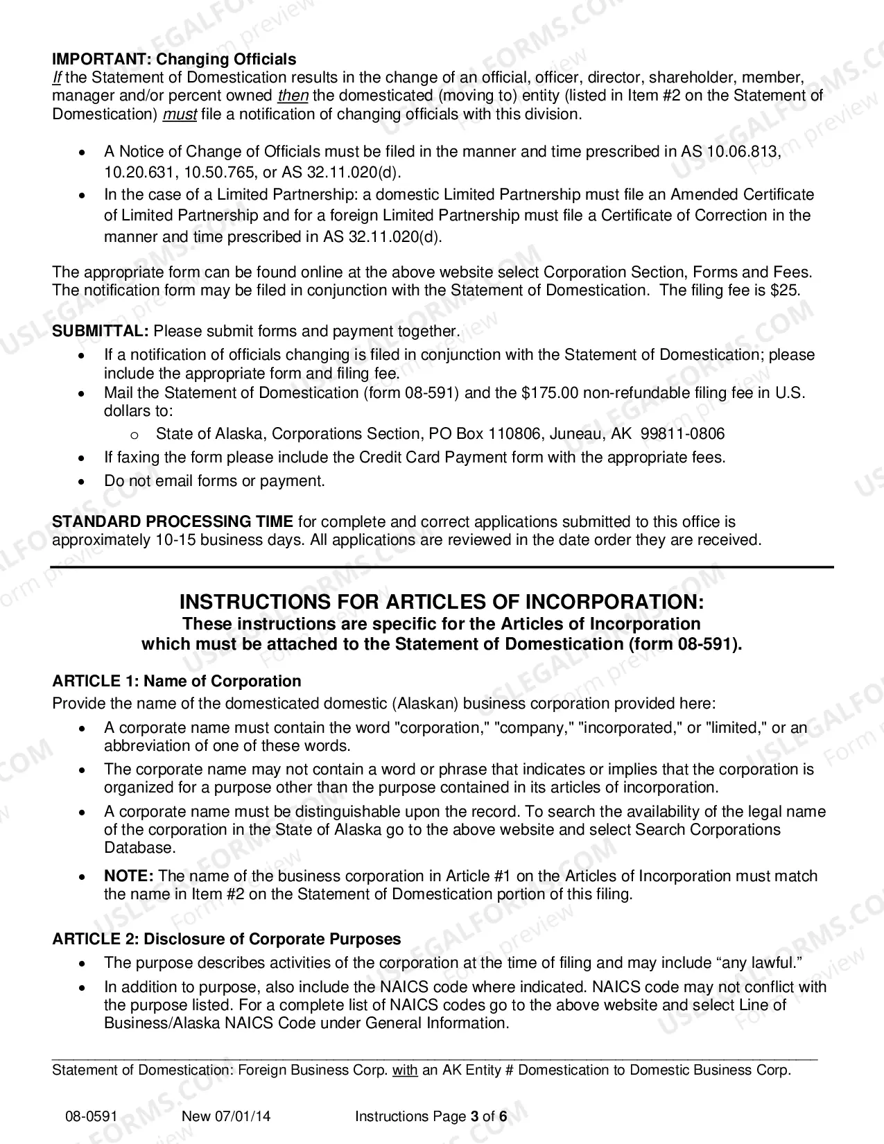 Preview Statement of Domestication - Foreign Corporation with AK Entity Number Domesticating to Domestic Business Corporation