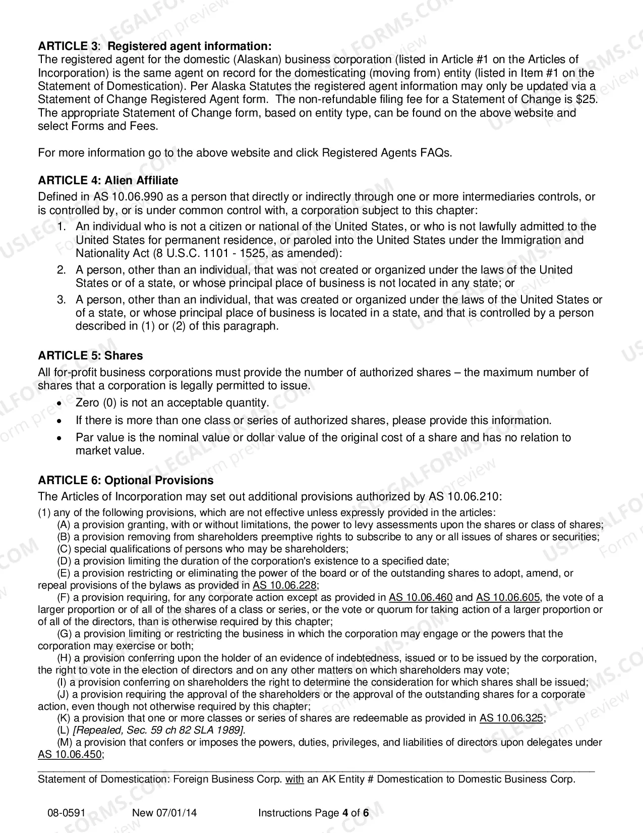Preview Statement of Domestication - Foreign Corporation with AK Entity Number Domesticating to Domestic Business Corporation