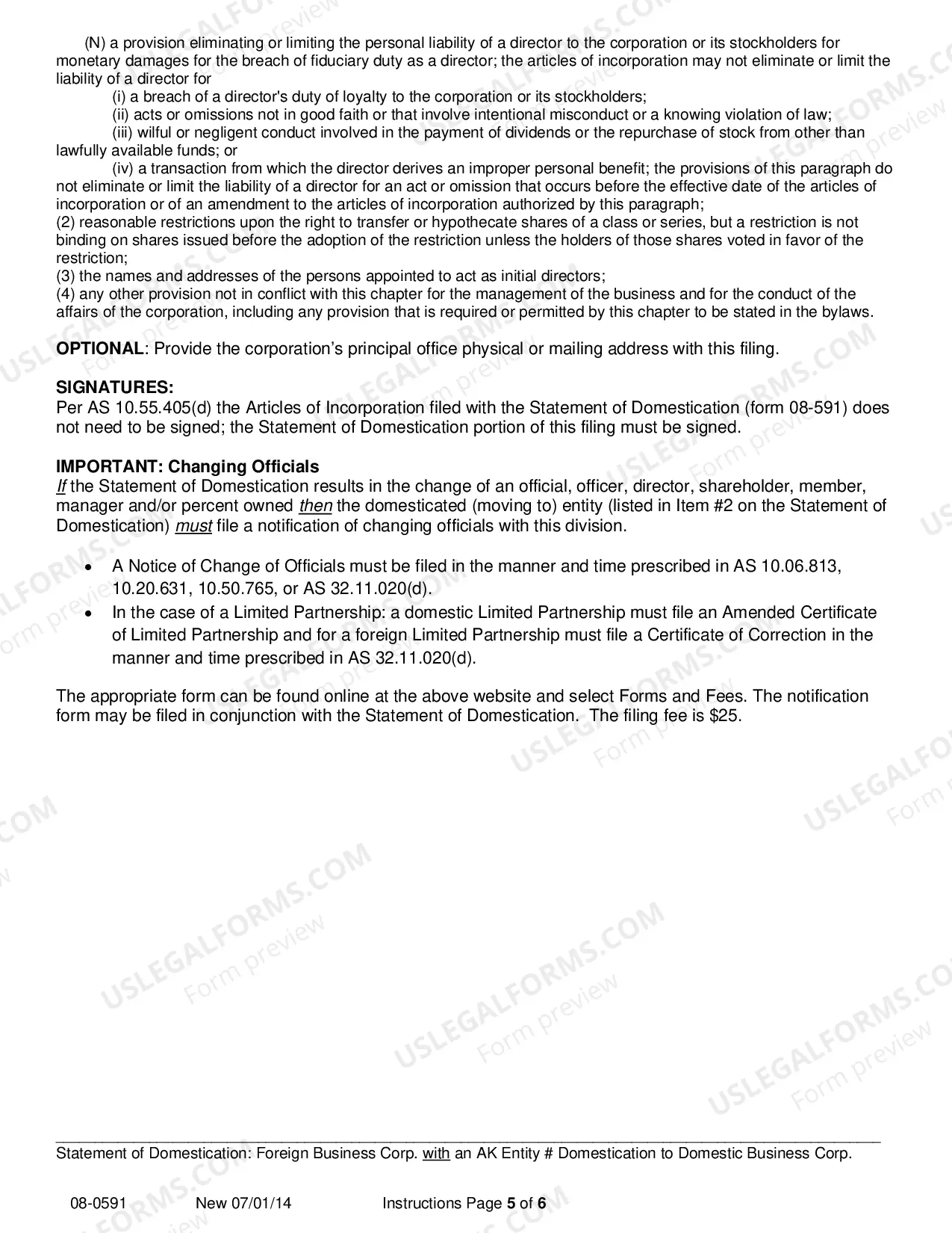 Preview Statement of Domestication - Foreign Corporation with AK Entity Number Domesticating to Domestic Business Corporation