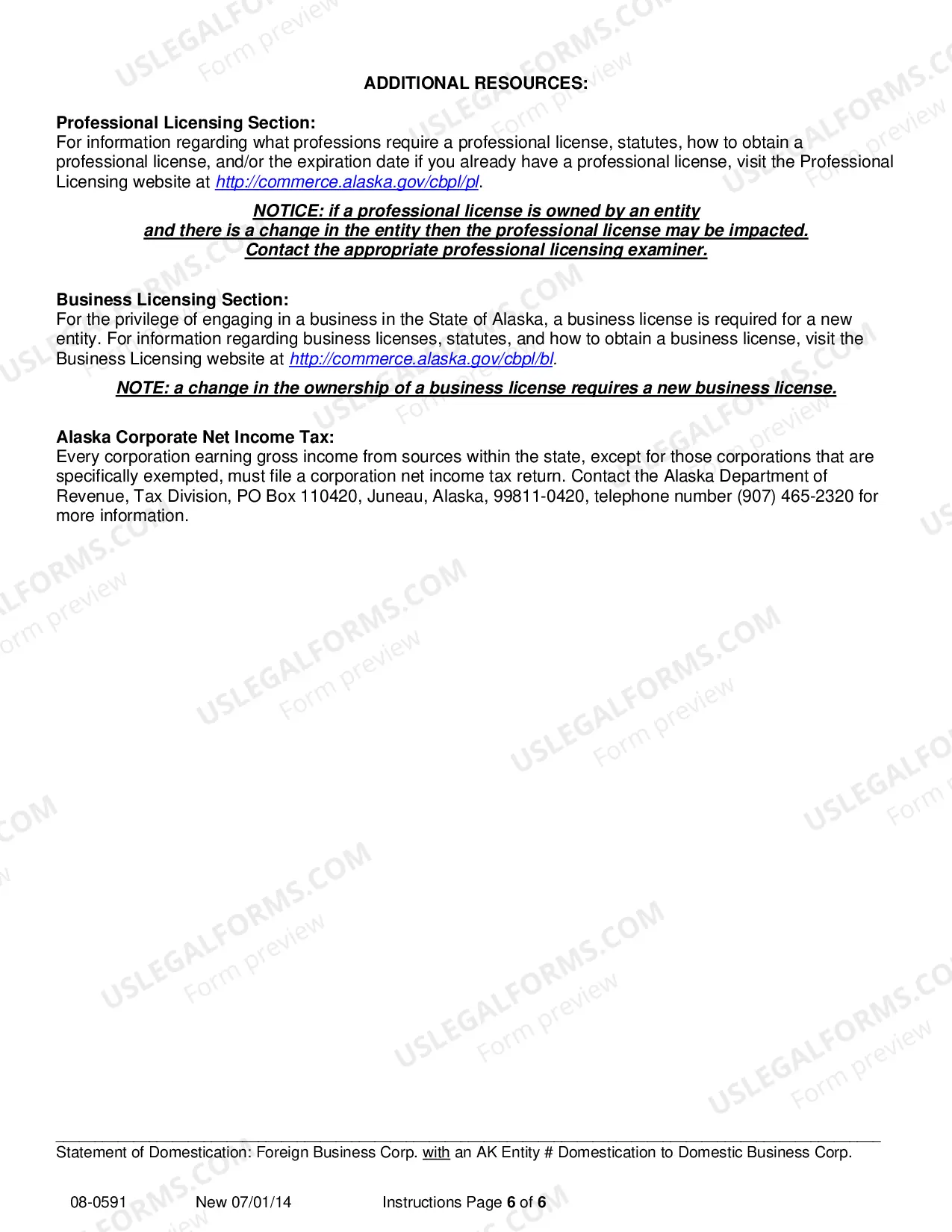 Preview Statement of Domestication - Foreign Corporation with AK Entity Number Domesticating to Domestic Business Corporation