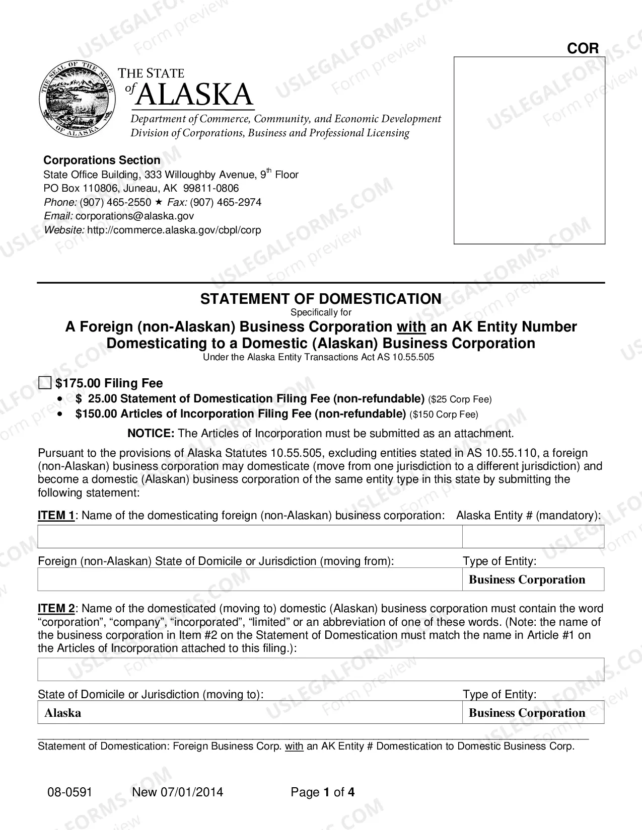 Preview Statement of Domestication - Foreign Corporation with AK Entity Number Domesticating to Domestic Business Corporation