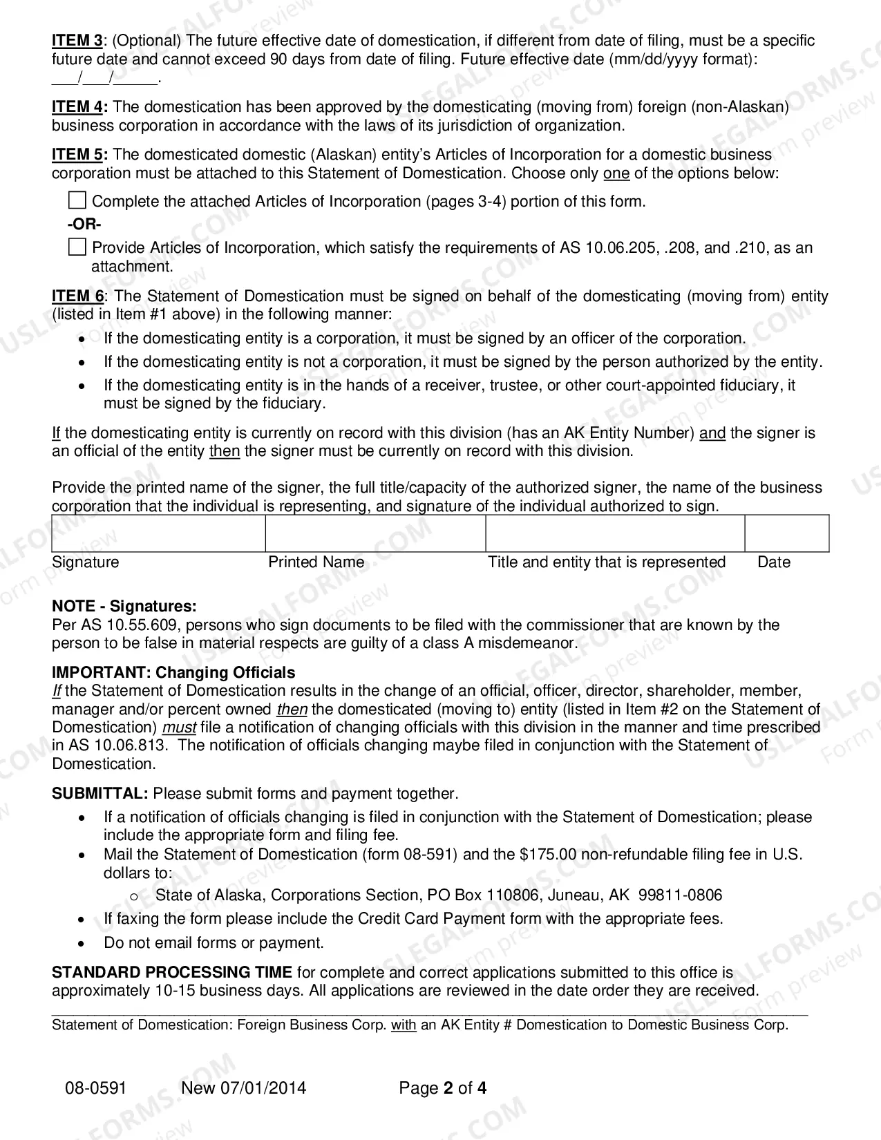 Preview Statement of Domestication - Foreign Corporation with AK Entity Number Domesticating to Domestic Business Corporation