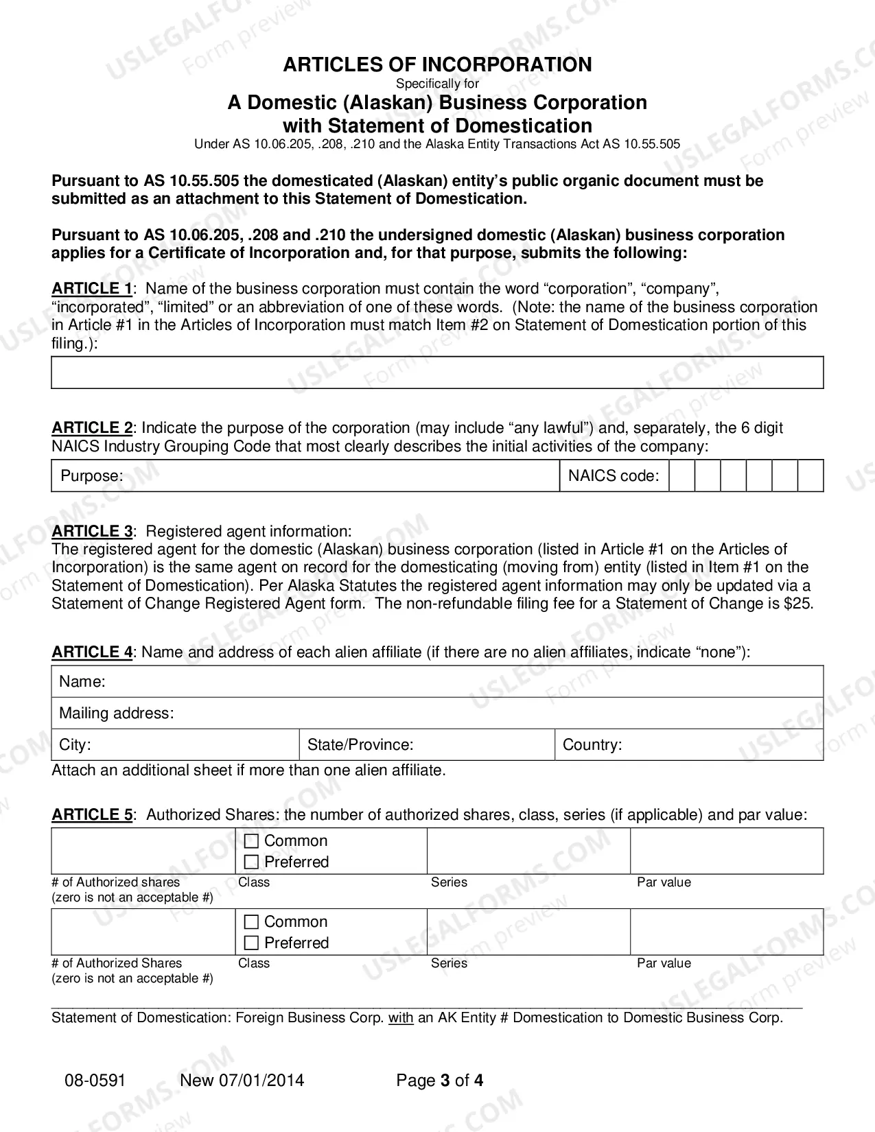 Preview Statement of Domestication - Foreign Corporation with AK Entity Number Domesticating to Domestic Business Corporation