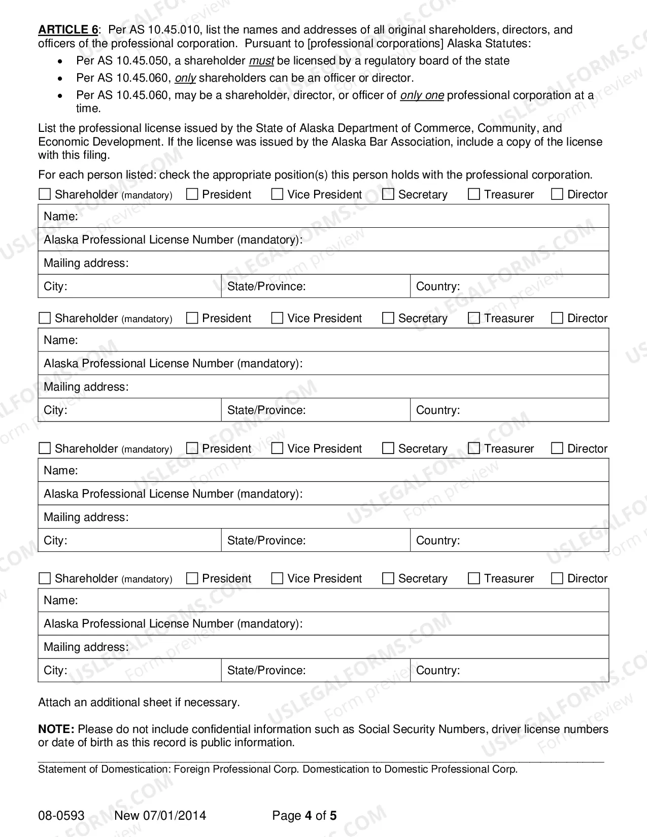 Preview Statement of Domestication for Foreign Professional Corporation Domesticating to Domestic Professional Corporation