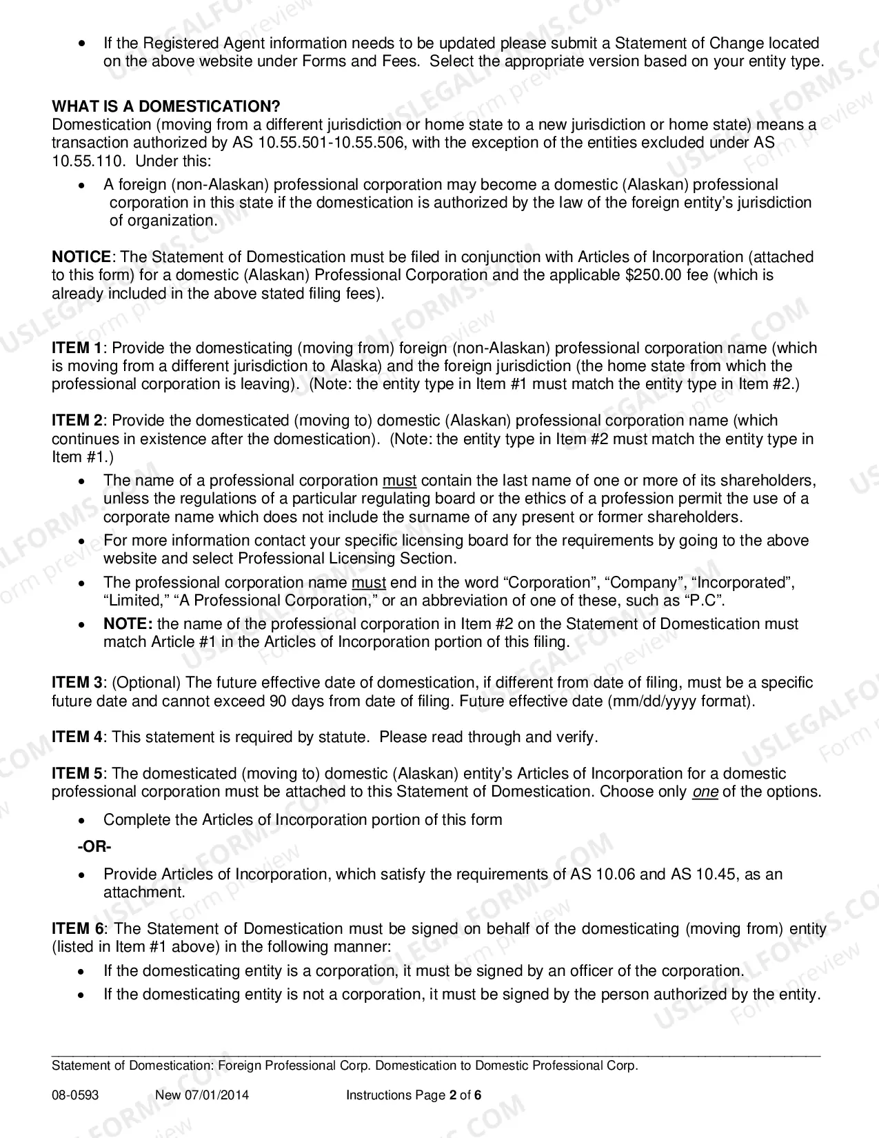Preview Statement of Domestication for Foreign Professional Corporation Domesticating to Domestic Professional Corporation