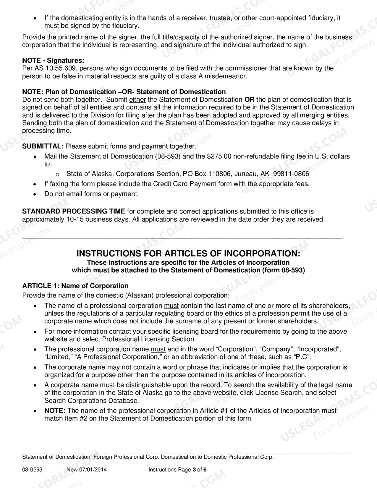 Preview Statement of Domestication for Foreign Professional Corporation Domesticating to Domestic Professional Corporation