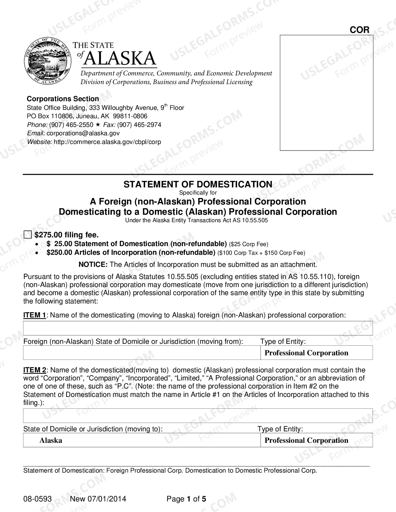 Preview Statement of Domestication for Foreign Professional Corporation Domesticating to Domestic Professional Corporation