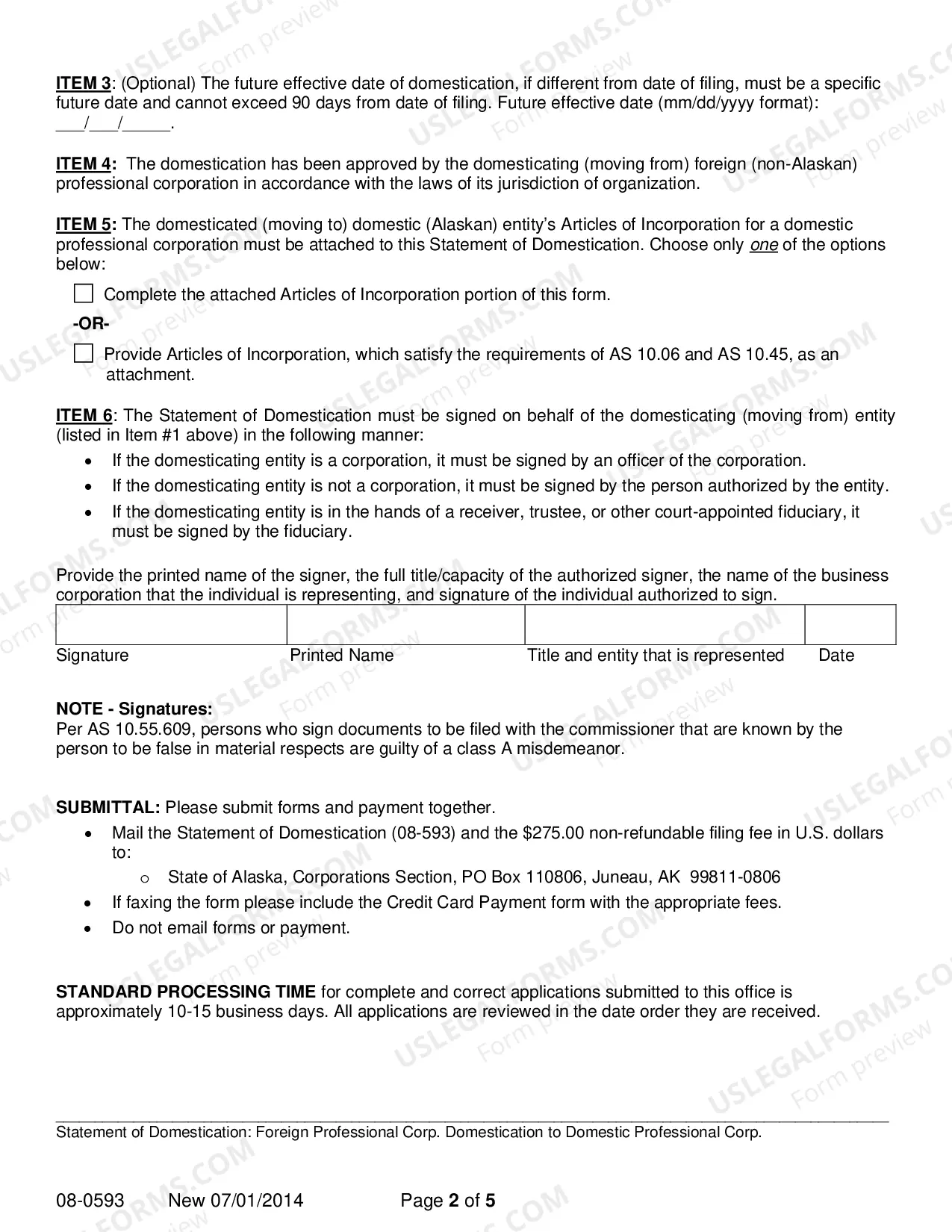 Preview Statement of Domestication for Foreign Professional Corporation Domesticating to Domestic Professional Corporation