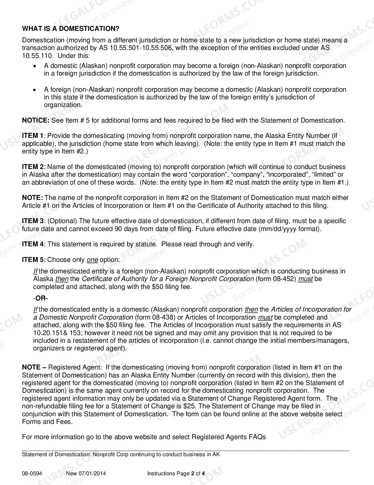 Preview Statement of Domestication for Nonprofit Corporation Continuing to Conduct Business in Alaska