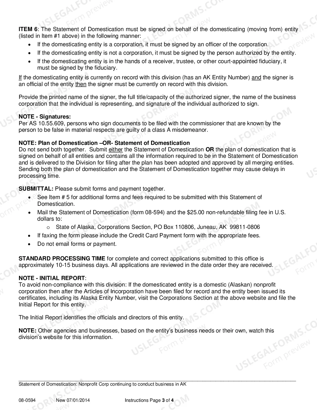 Preview Statement of Domestication for Nonprofit Corporation Continuing to Conduct Business in Alaska