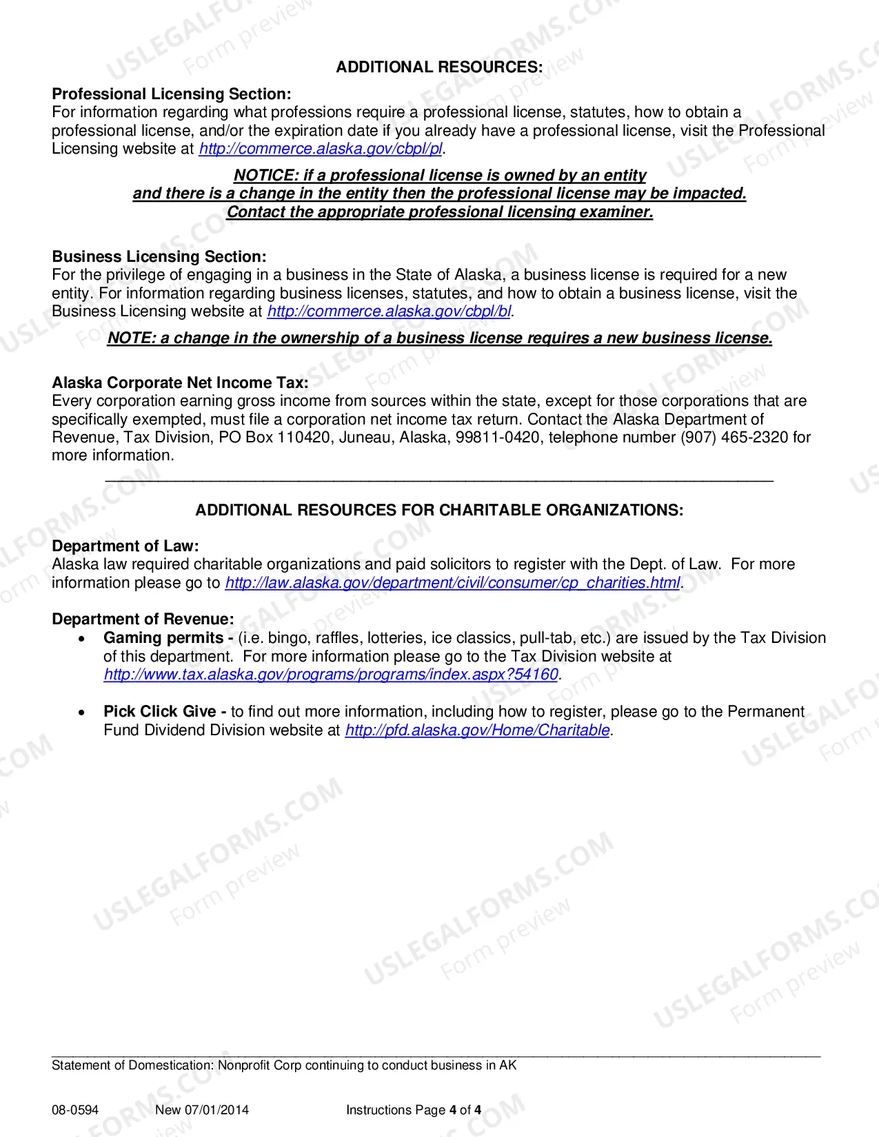 Preview Statement of Domestication for Nonprofit Corporation Continuing to Conduct Business in Alaska