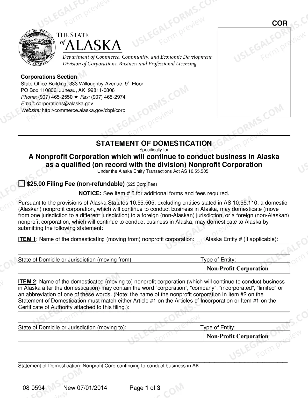 Preview Statement of Domestication for Nonprofit Corporation Continuing to Conduct Business in Alaska