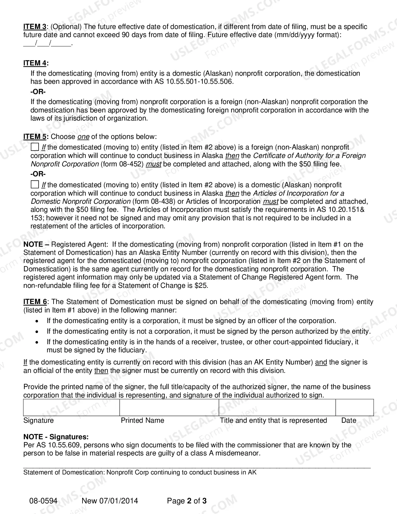 Preview Statement of Domestication for Nonprofit Corporation Continuing to Conduct Business in Alaska
