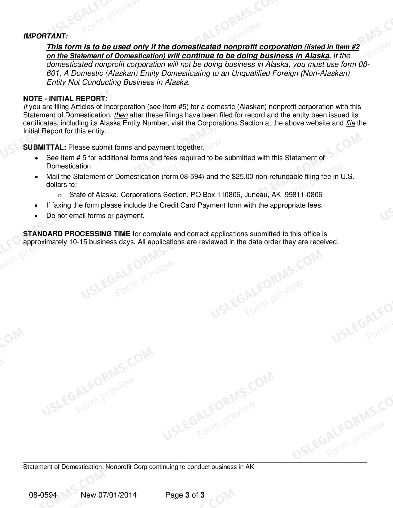 Preview Statement of Domestication for Nonprofit Corporation Continuing to Conduct Business in Alaska