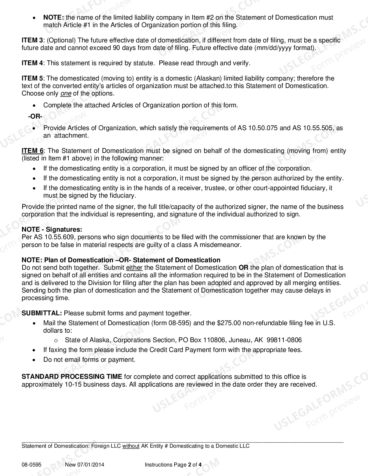 Preview Statement of Domestication - Foreign LLC without AK Entity Number Domesticating to Domestic LLC