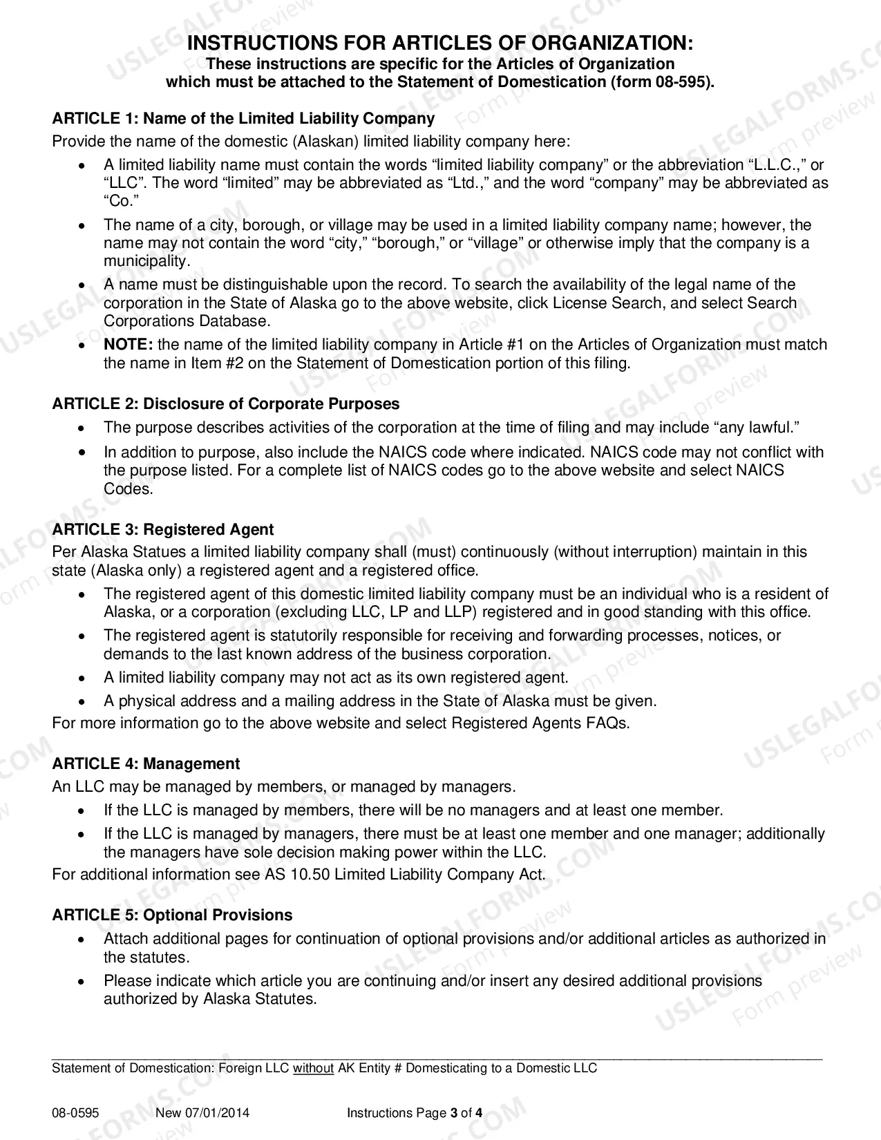 Preview Statement of Domestication - Foreign LLC without AK Entity Number Domesticating to Domestic LLC