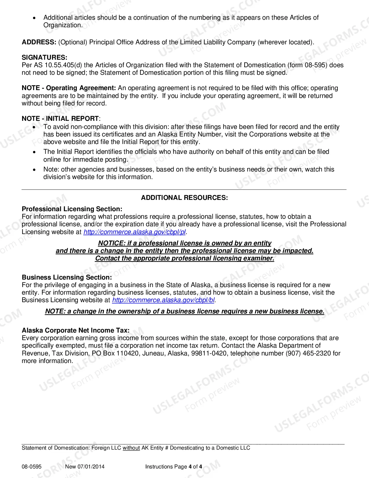 Preview Statement of Domestication - Foreign LLC without AK Entity Number Domesticating to Domestic LLC