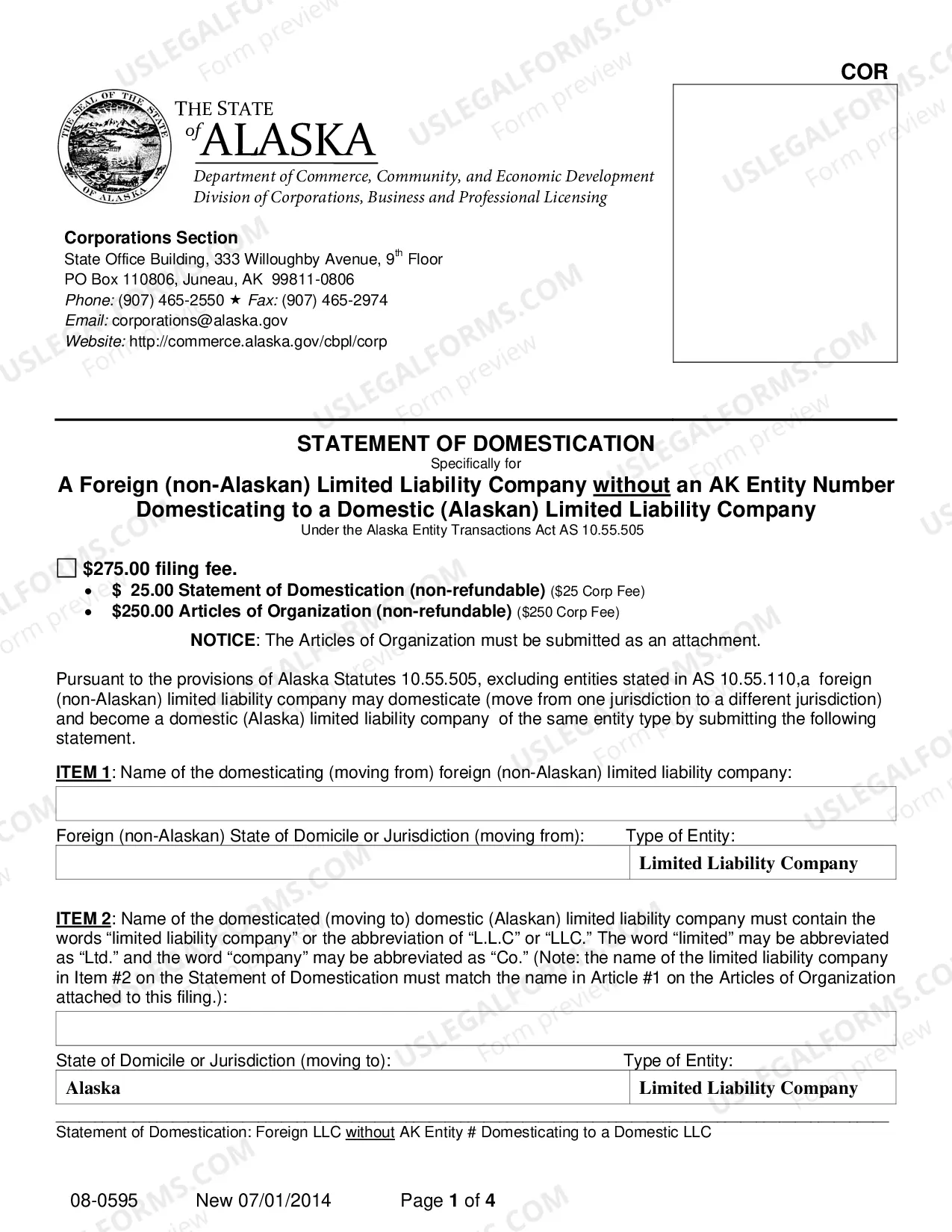 Preview Statement of Domestication - Foreign LLC without AK Entity Number Domesticating to Domestic LLC
