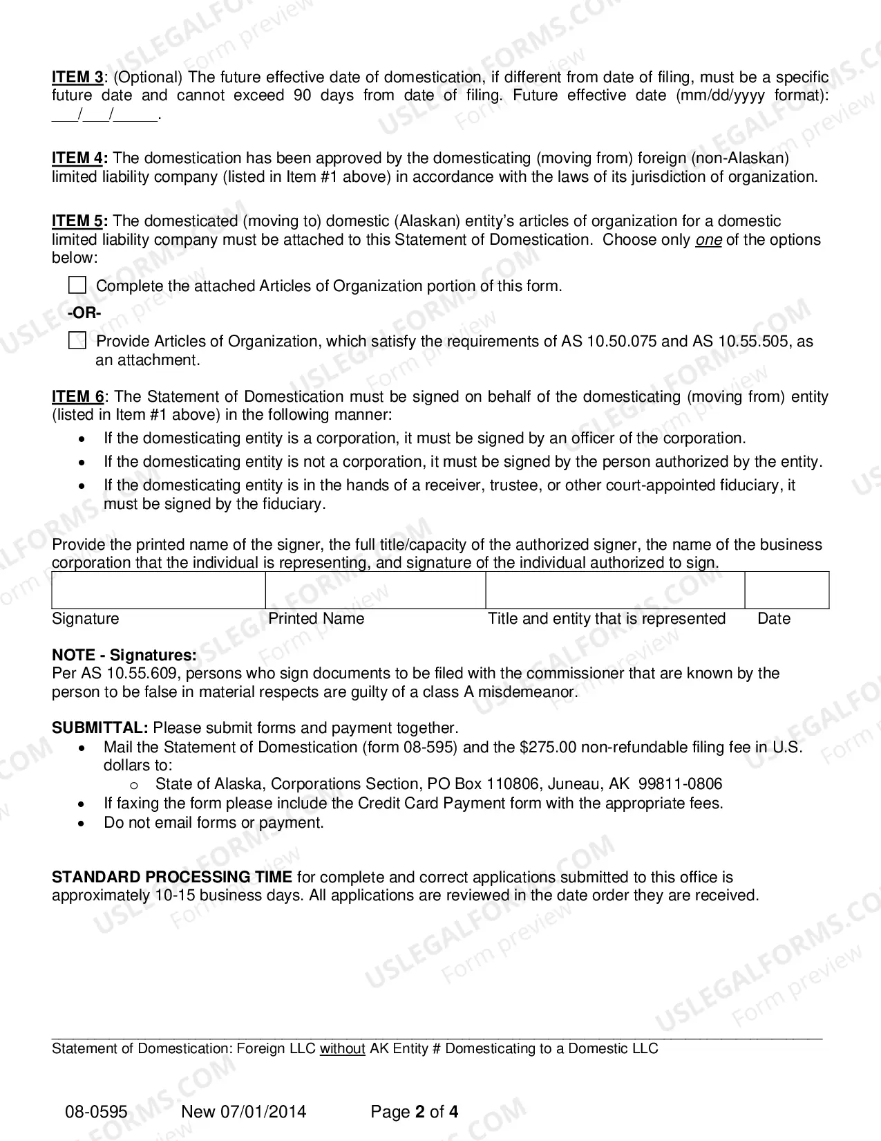 Preview Statement of Domestication - Foreign LLC without AK Entity Number Domesticating to Domestic LLC