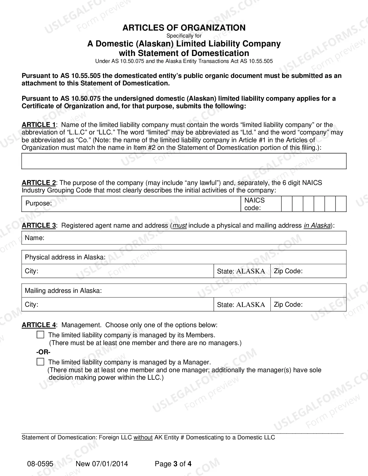 Preview Statement of Domestication - Foreign LLC without AK Entity Number Domesticating to Domestic LLC