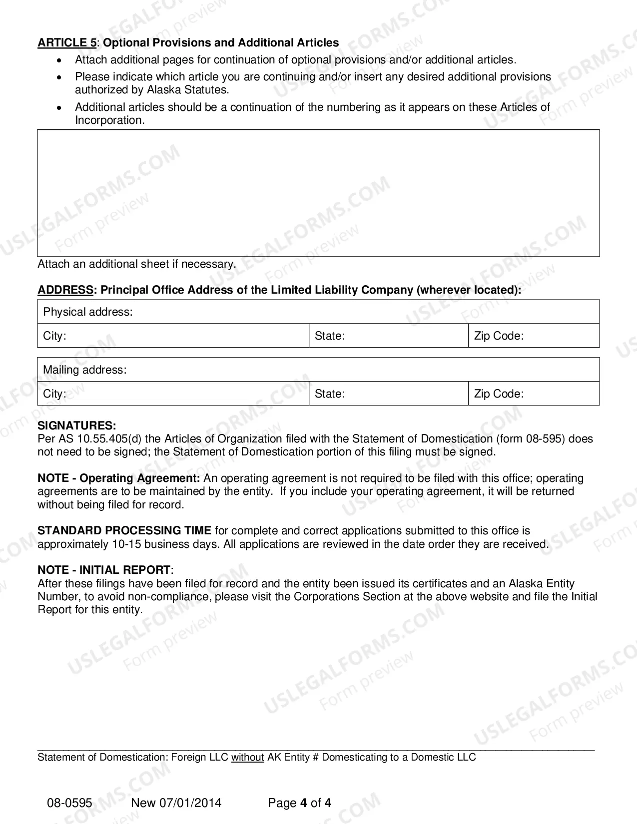 Preview Statement of Domestication - Foreign LLC without AK Entity Number Domesticating to Domestic LLC