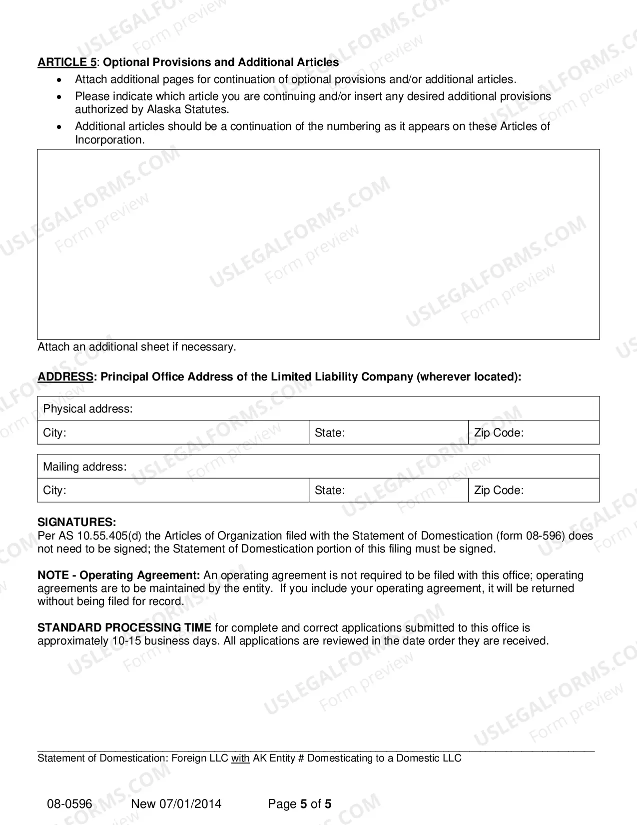 Preview Statement of Domestication - Foreign LLC with AK Entity Number Domesticating to Domestic LLC