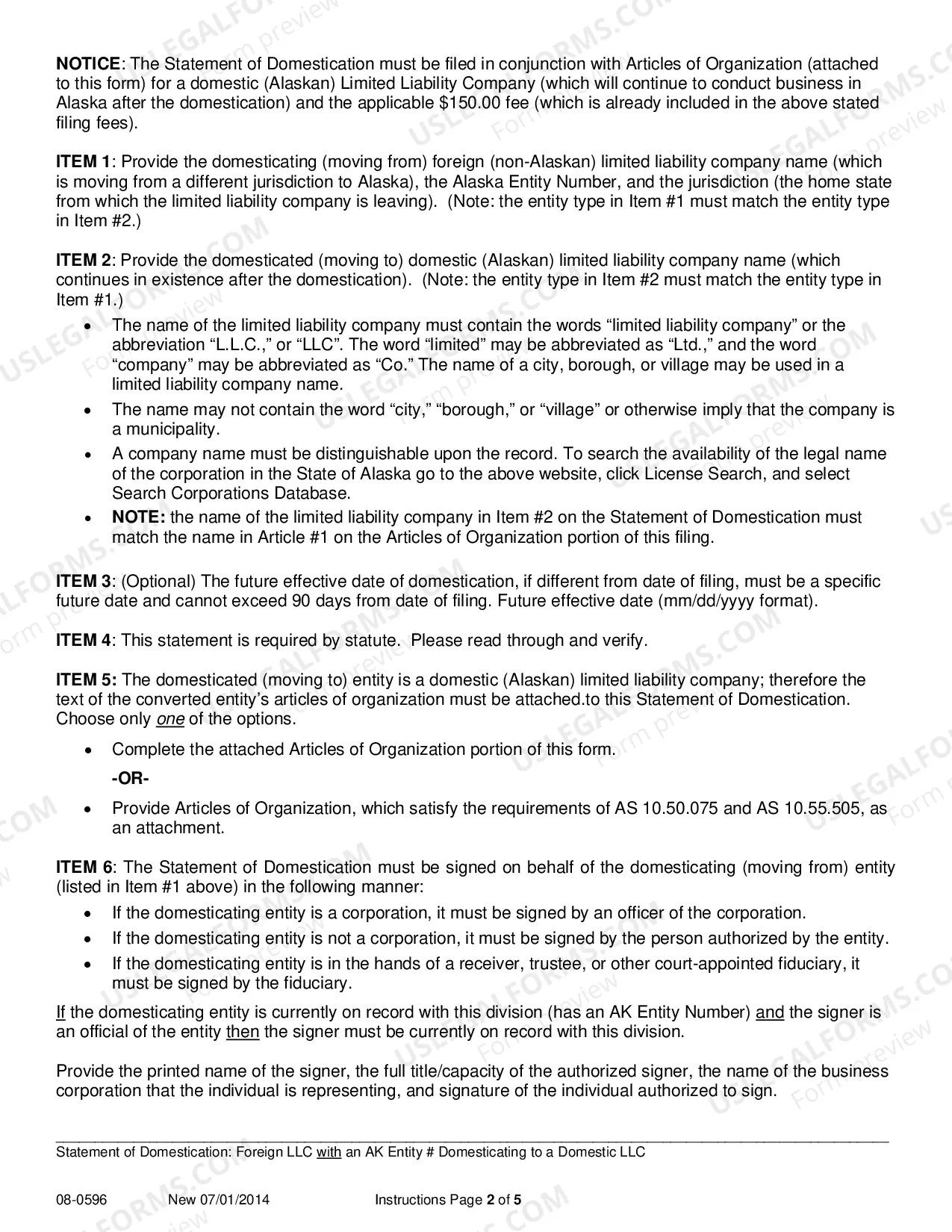 Preview Statement of Domestication - Foreign LLC with AK Entity Number Domesticating to Domestic LLC