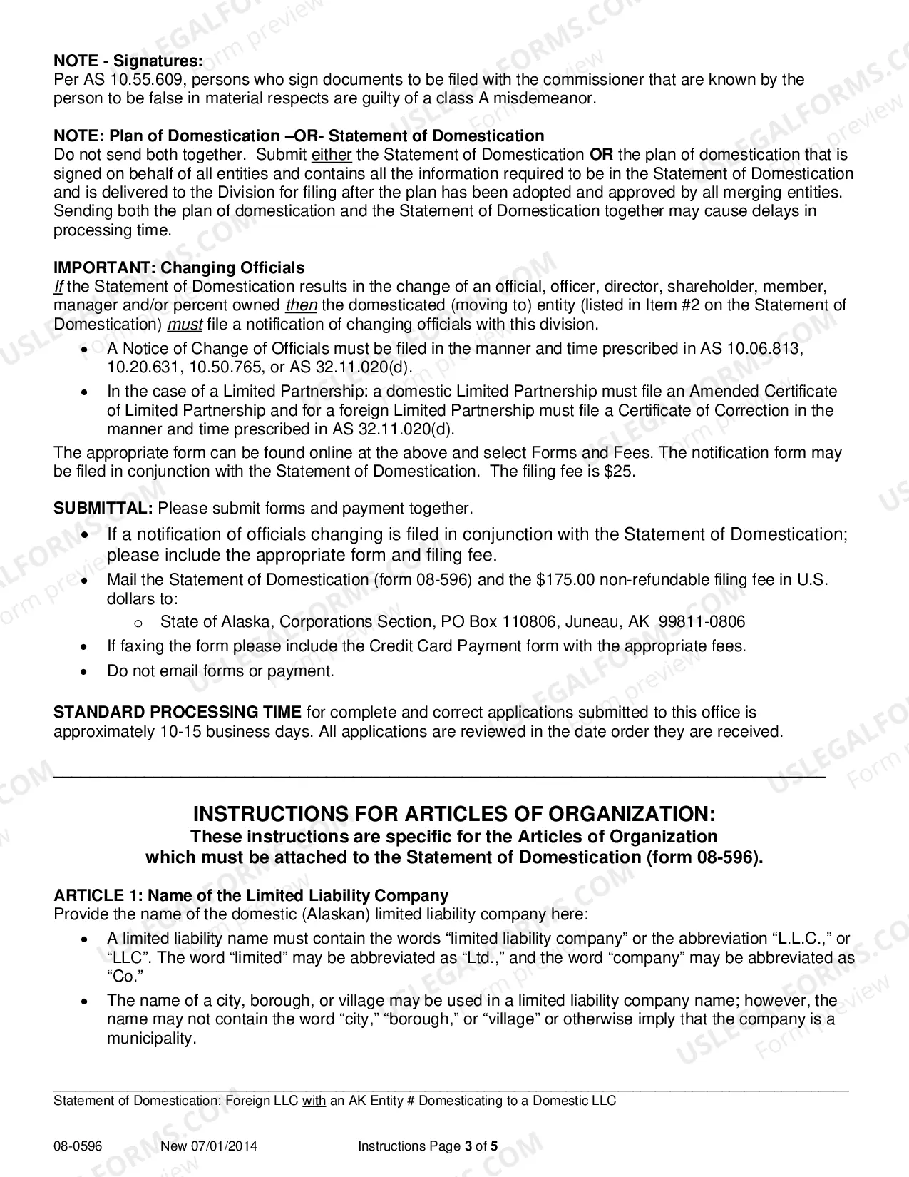Preview Statement of Domestication - Foreign LLC with AK Entity Number Domesticating to Domestic LLC