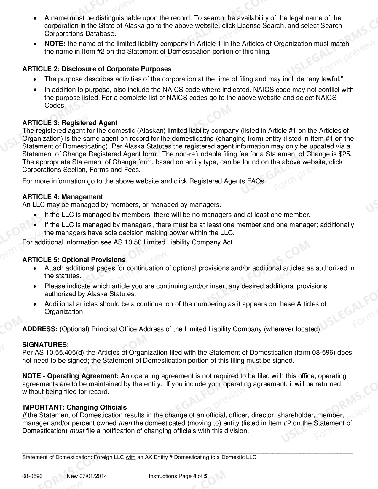 Preview Statement of Domestication - Foreign LLC with AK Entity Number Domesticating to Domestic LLC