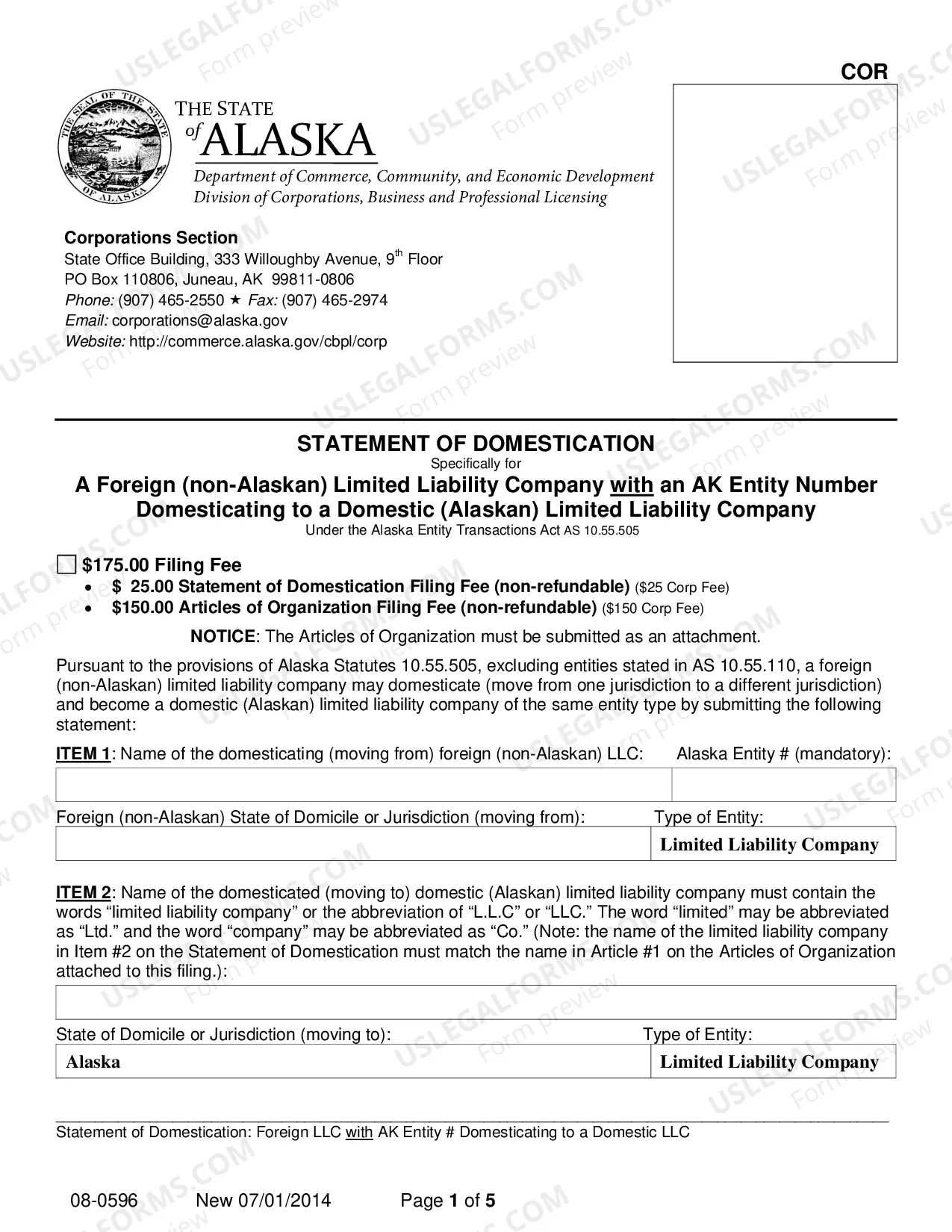 Preview Statement of Domestication - Foreign LLC with AK Entity Number Domesticating to Domestic LLC