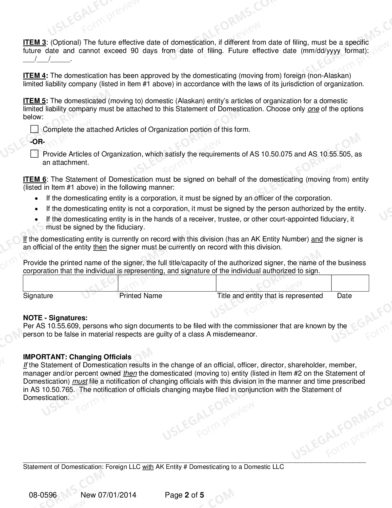 Preview Statement of Domestication - Foreign LLC with AK Entity Number Domesticating to Domestic LLC