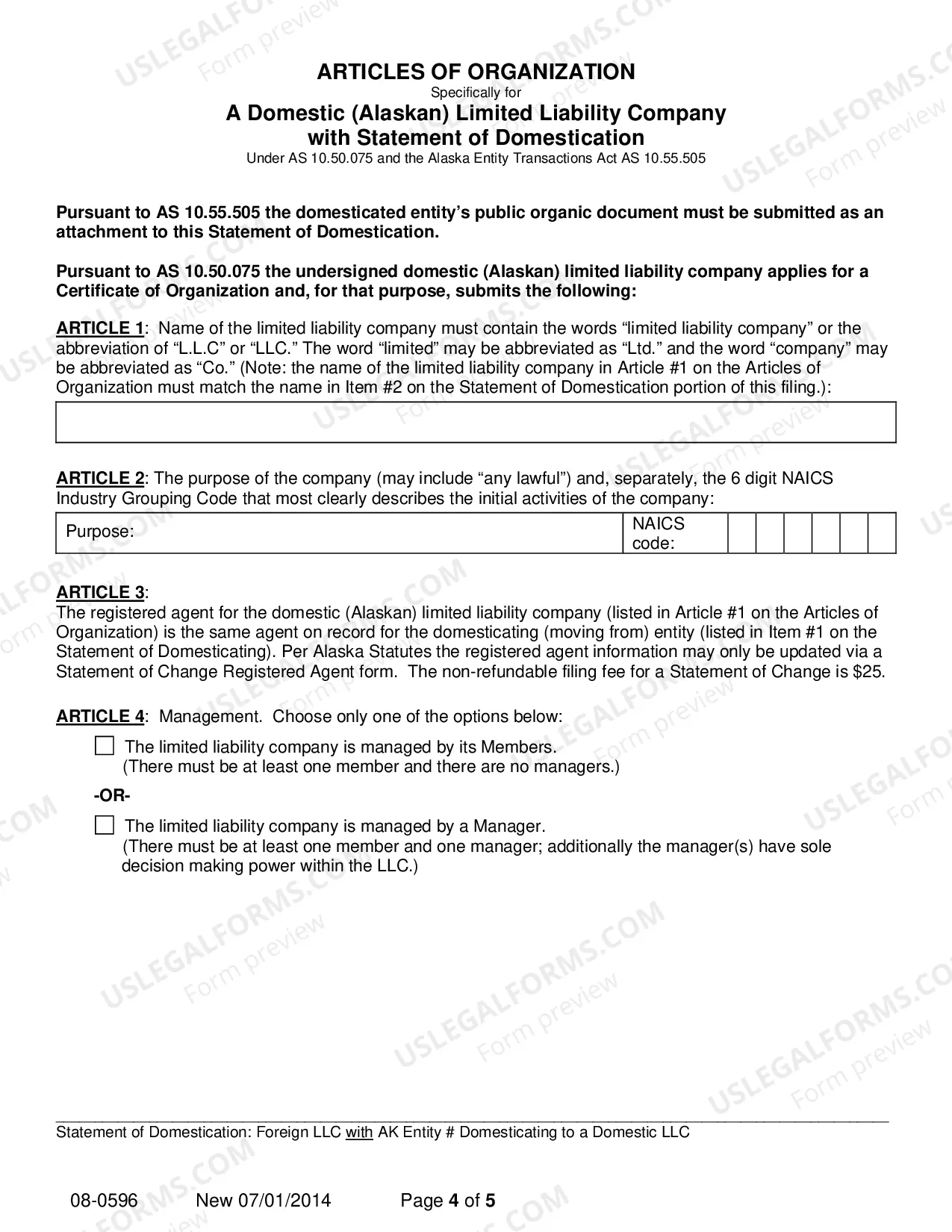 Preview Statement of Domestication - Foreign LLC with AK Entity Number Domesticating to Domestic LLC