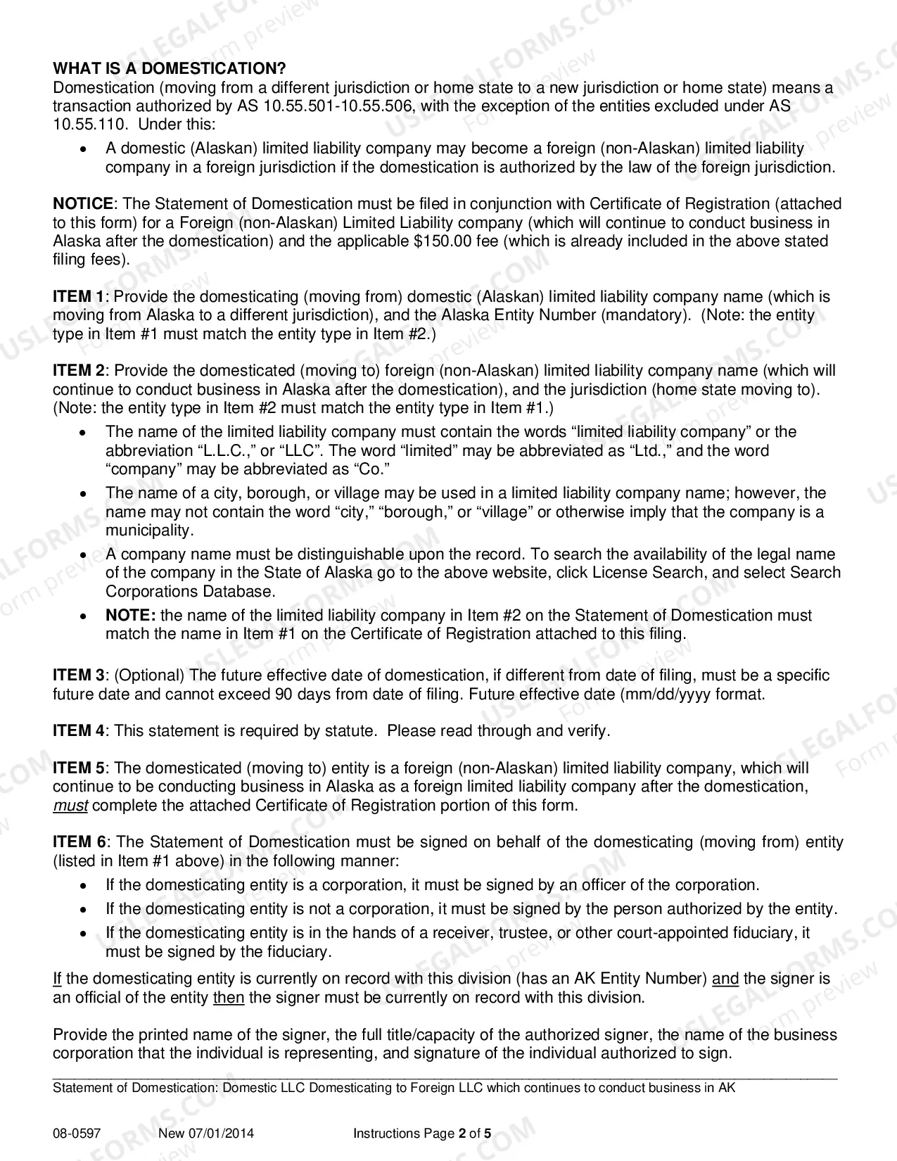 Preview Statement of Domestication - Domestic LLC Domesticating to Foreign LLC