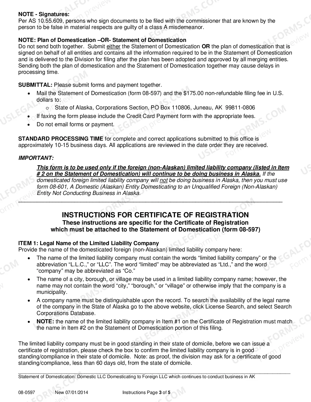 Preview Statement of Domestication - Domestic LLC Domesticating to Foreign LLC