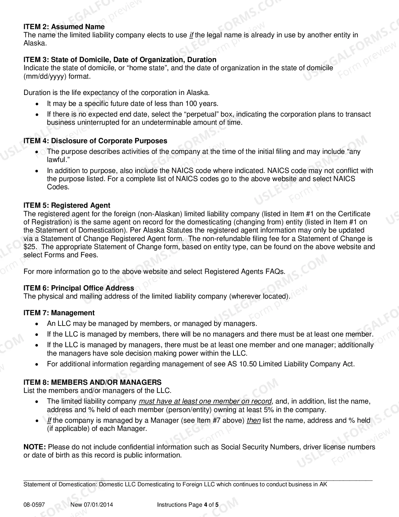 Preview Statement of Domestication - Domestic LLC Domesticating to Foreign LLC