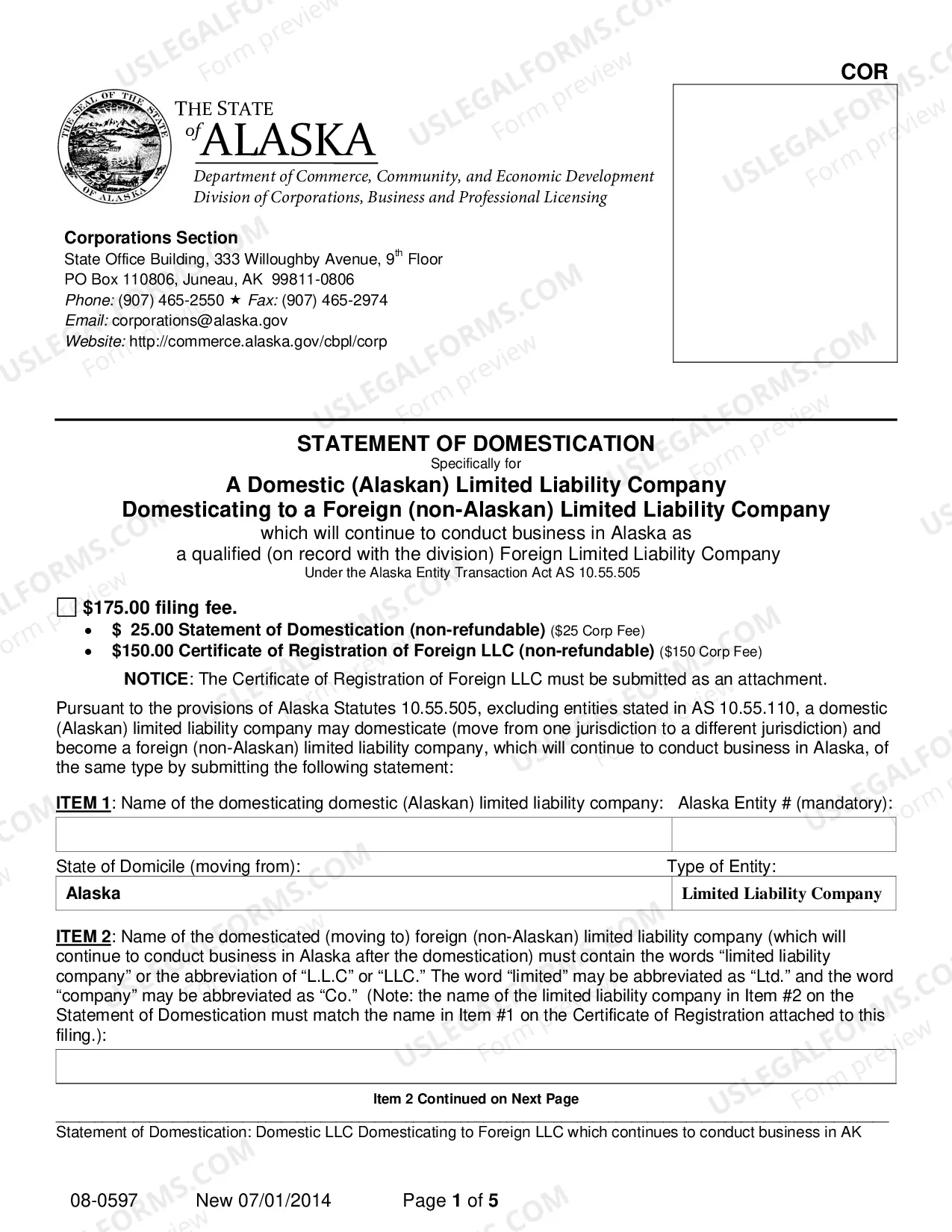 Preview Statement of Domestication - Domestic LLC Domesticating to Foreign LLC