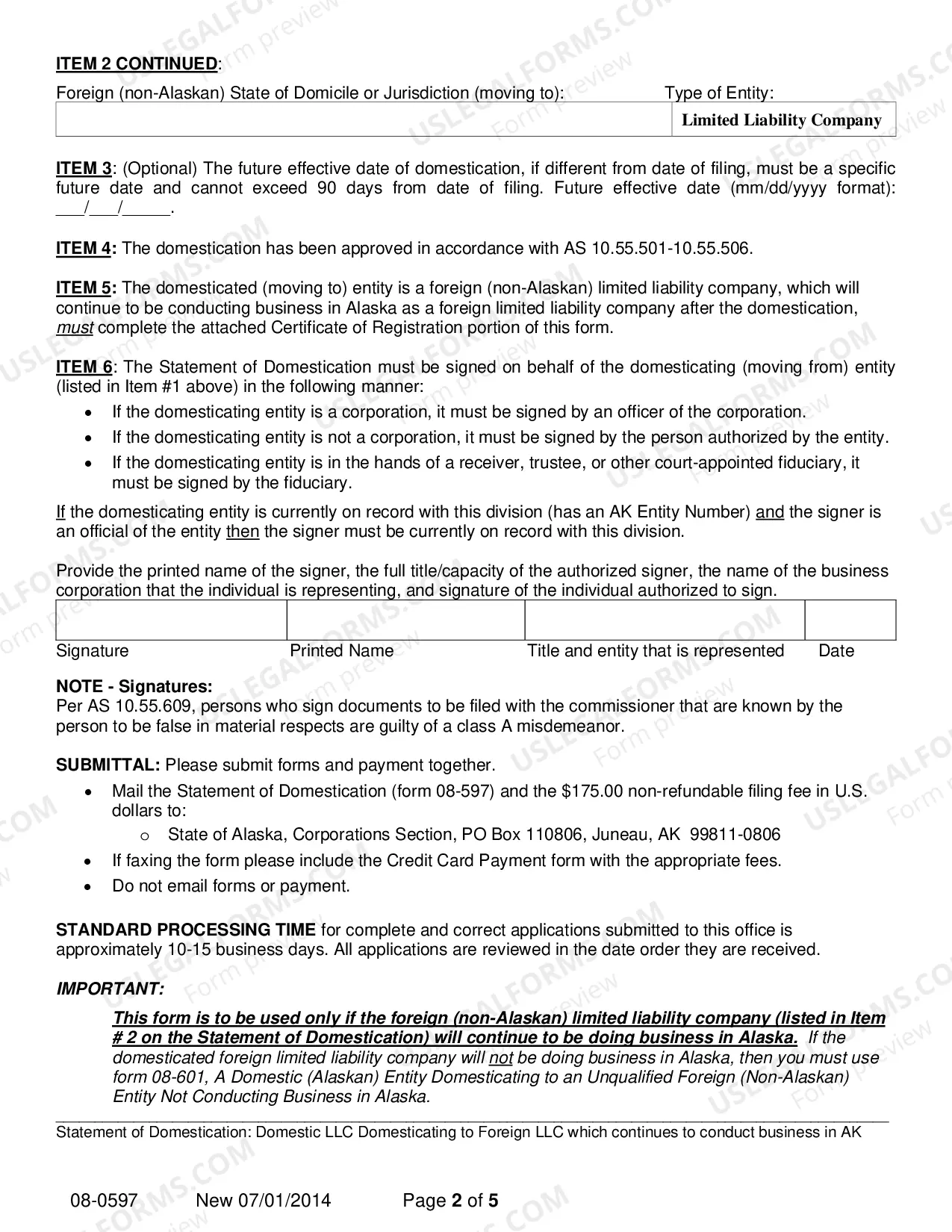 Preview Statement of Domestication - Domestic LLC Domesticating to Foreign LLC